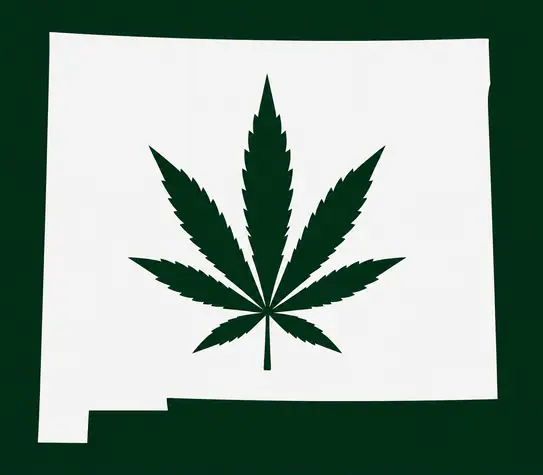 White silhouette of New Mexico on a dark green background, with a dark green cannabis leaf centered inside the state outline.