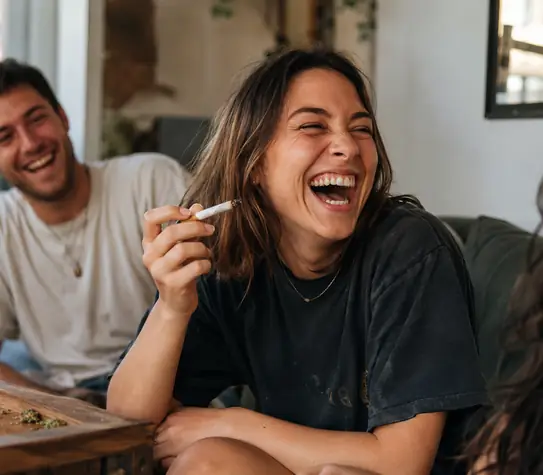 Friends laughing together in a cozy living room during a relaxed cannabis session.