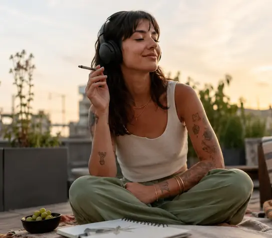 A relaxed woman wearing headphones sits on a rooftop blanket at sunset, holding a pre-roll with a sketchbook and snacks nearby.