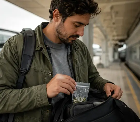 A traveler at a train station discreetly places a small cannabis pouch into his bag, with a train and bus in the background.