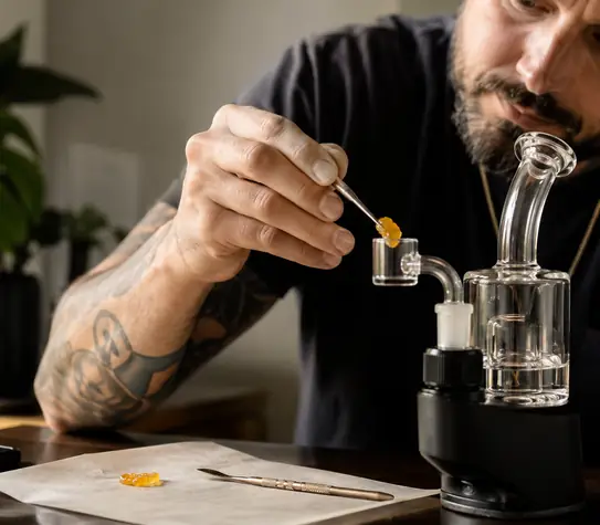 Adult man preparing a golden cannabis concentrate dab with a glass rig on a table, with rosin on parchment paper in warm natural light.