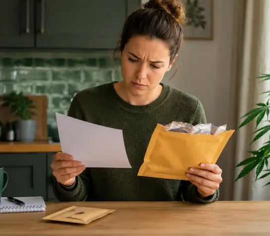 Concerned woman reading a customs notice beside an opened padded envelope, with cannabis seeds on the table and a plant in the background.