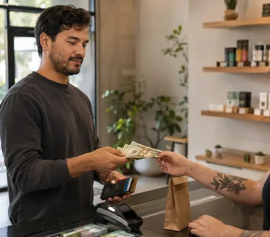 Customer paying cash at a modern cannabis dispensary checkout with an ATM visible in the background.