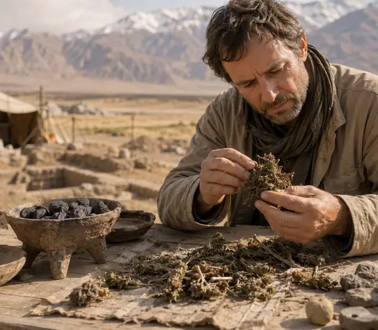 Archaeologist examining dried cannabis beside ancient pottery and a ritual brazier at a desert excavation site.