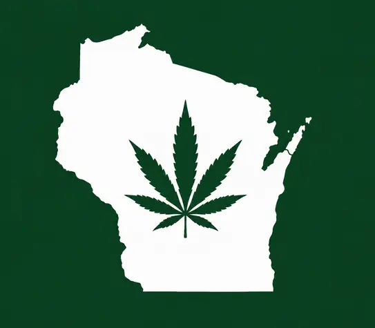 White silhouette of Wisconsin on a dark green background, with a dark green cannabis leaf centered inside the state outline.
