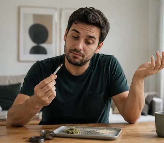 Man holding a joint and shrugging at a table with cannabis, appearing confused that he feels no effects.