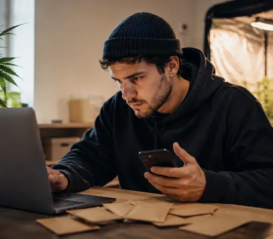 Young man in a dark hoodie checking a laptop and phone beside plain seed envelopes, with cannabis plants and a grow tent in the background.