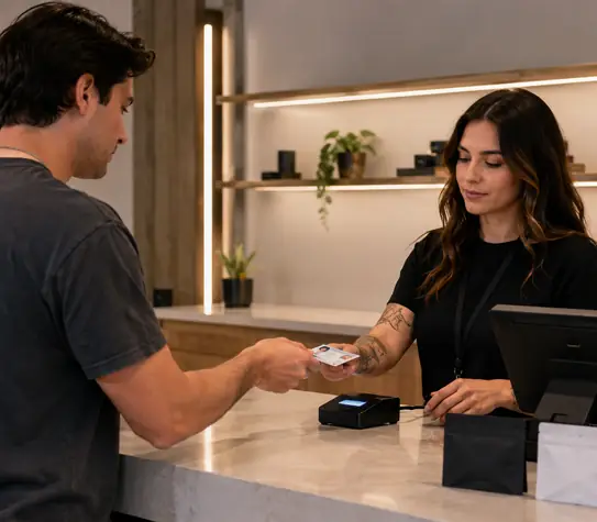 Customer hands an ID to a dispensary worker at a modern cannabis retail counter during checkout.