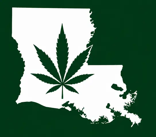 White silhouette of Louisiana on a dark green background, with a dark green cannabis leaf centered inside the state outline.
