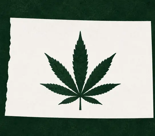 White silhouette of Colorado on a dark green background, with a dark green cannabis leaf centered inside the state outline.
