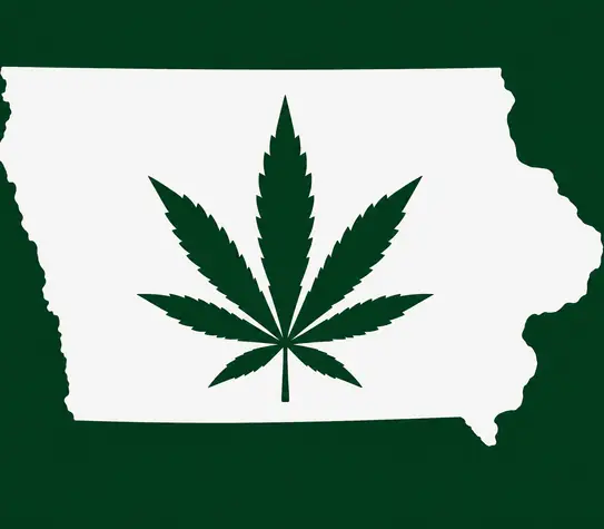 White silhouette of Iowa on a dark green background, with a dark green cannabis leaf centered inside the state outline.