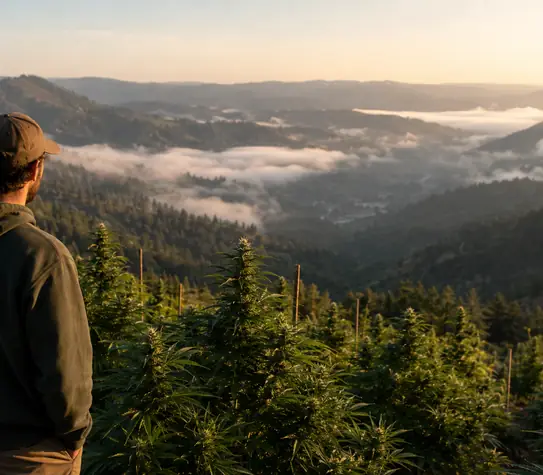 A cannabis grower overlooking a sunlit hillside farm and fog-covered mountains in Northern California’s Emerald Triangle.