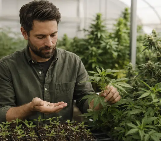 Cannabis breeder inspecting seeds and young plants inside a greenhouse.