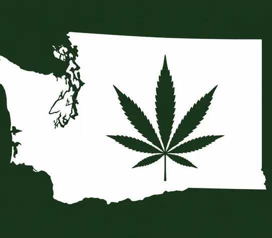 White silhouette of Washington State on a dark green background, with a dark green cannabis leaf centered inside the state outline.