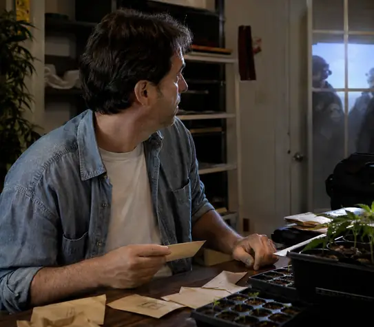 Man at a cluttered grow-room table with seed packets and seedlings looks toward shadowy figures at the door during a tense raid-like moment.