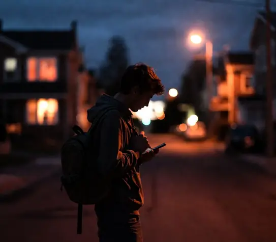 A young man in a hoodie with a backpack stands on a dimly lit residential street at dusk, checking his phone under streetlights