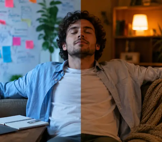 Young man relaxing on a sofa in a split scene, with a bright creative workspace on one side and a warm, cosy lounge on the other.