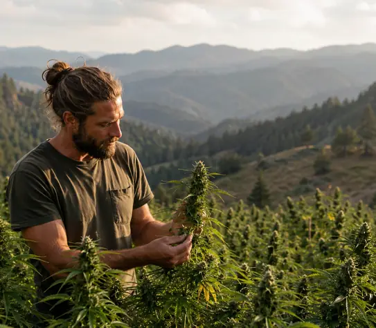 Adult farmer inspecting cannabis plants in a sun-grown mountain field with forested hills in the background.