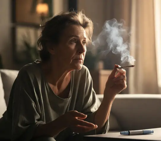 Realistic stock photo of a middle-aged woman sitting thoughtfully on a sofa in a sunlit living room, holding a lit joint while looking at a semaglutide injection pen on the coffee table beside her.