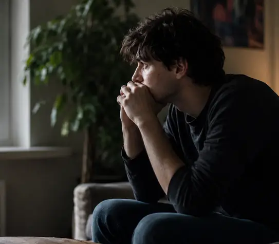 Young man sitting on a sofa by a window, looking anxious and deep in thought in a dimly lit living room.