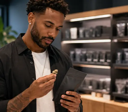 A man in a modern cannabis dispensary examines a small cannabis flower while holding a plain black product pouch, with blurred shelves of packaging behind him.