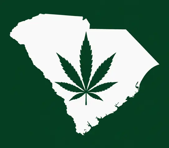 White silhouette of South Carolina on a dark green background, with a dark green cannabis leaf centered inside the state outline.