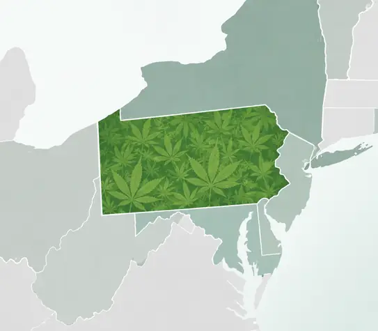 Simple map of the northeastern United States with Pennsylvania highlighted and filled with a green cannabis leaf pattern.