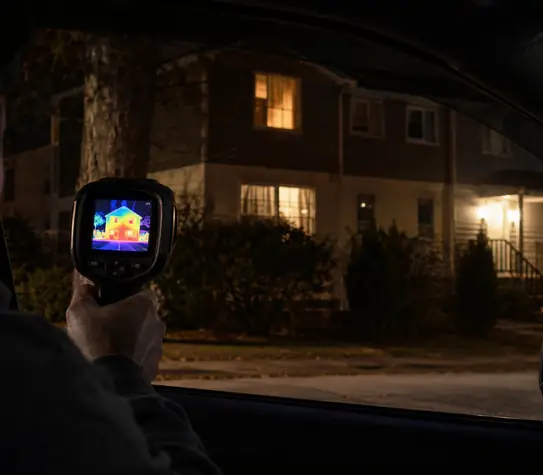 A man inside a parked car uses a thermal imaging camera to scan a house across a quiet suburban street at night.