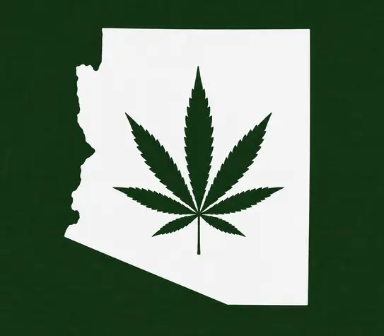 White silhouette of Arizona on a dark green background, with a dark green cannabis leaf centered inside the state outline.