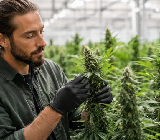 Cannabis grower inspecting mature flowering plants in a greenhouse.
