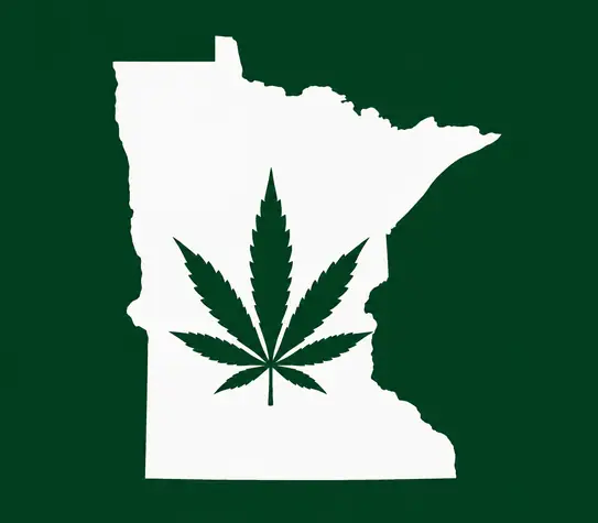 White silhouette of Minnesota on a dark green background, with a dark green cannabis leaf centered inside the state outline.
