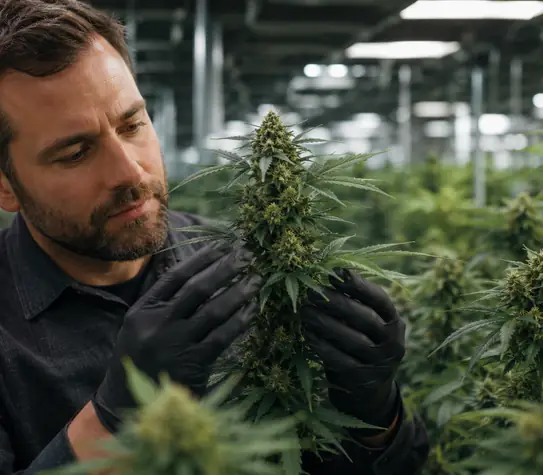 Cannabis breeder wearing gloves inspects a flowering plant inside a professional indoor grow room.