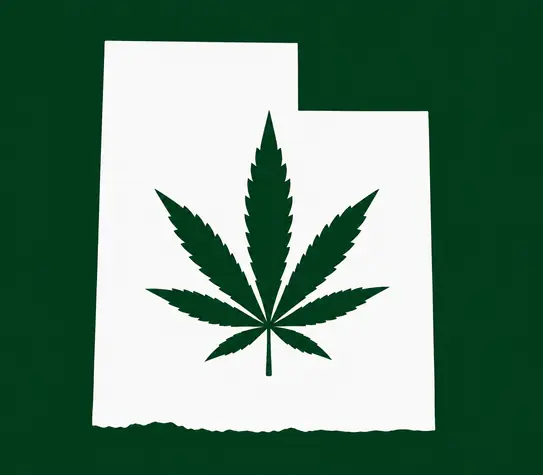 White silhouette of Utah on a dark green background, with a dark green cannabis leaf centered inside the state outline.