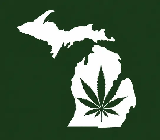 White silhouette of Michigan on a dark green background, with a dark green cannabis leaf centered inside the Lower Peninsula.