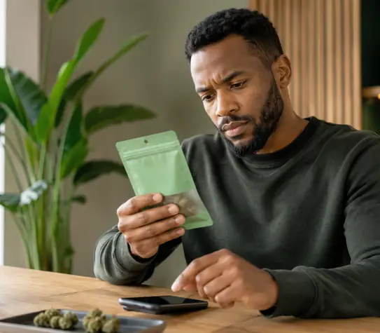 Man checking a cannabis package and phone for product safety information at a wooden table.