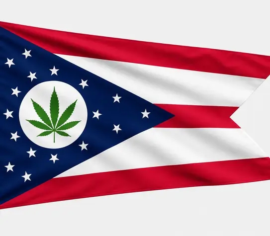 Ohio-style swallowtail flag with a green cannabis leaf replacing the central red circle, shown on a plain light background.