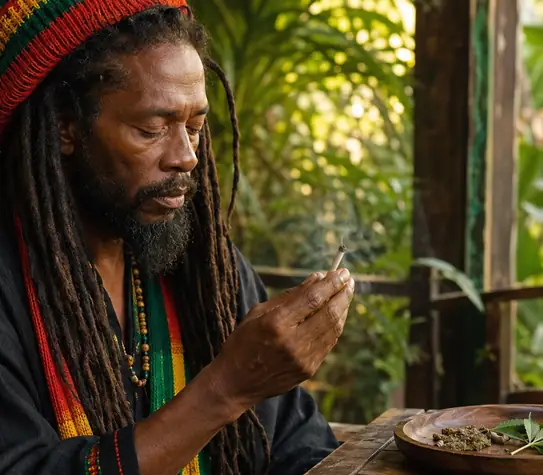 A Rastafarian man in red, gold, and green clothing holds a smoking spliff in a quiet outdoor veranda setting with cannabis leaves and loose herb on a wooden tray.