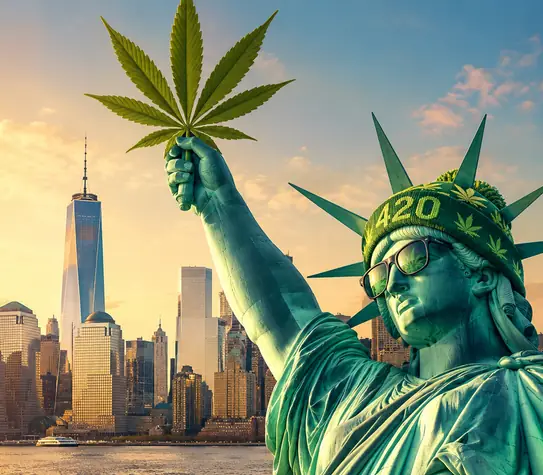 Statue of Liberty wearing sunglasses and a green 420 hat, holding a large cannabis leaf above the New York City skyline at sunset.