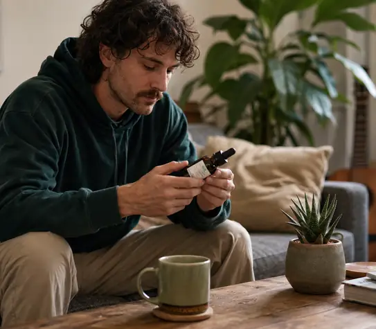A man sitting on a sofa examines a small cannabinoid tincture bottle in a bright, modern living room.
