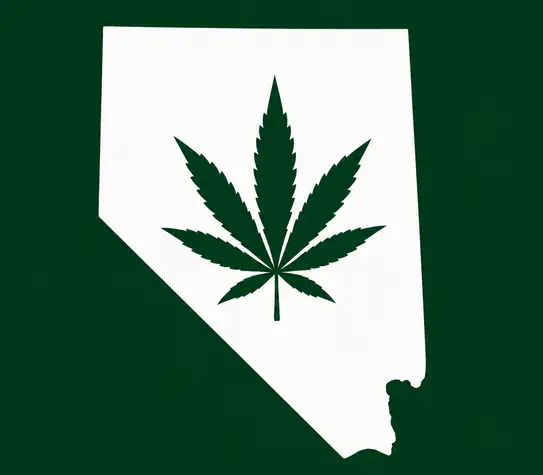 White silhouette of Nevada on a dark green background, with a dark green cannabis leaf centered inside the state outline.