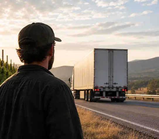 A man stands beside a rural highway looking toward a semi-truck driving away, with rows of mature cannabis plants growing alongside the road under warm golden-hour light and rolling hills in the background.