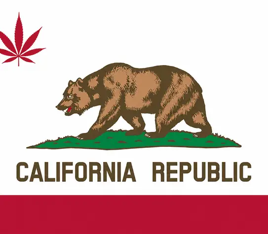 Modified California flag with a red cannabis leaf replacing the star