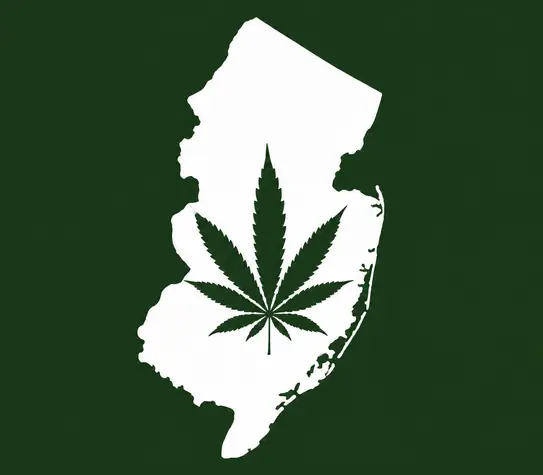 White silhouette of New Jersey on a dark green background, with a dark green cannabis leaf centered inside the state outline.