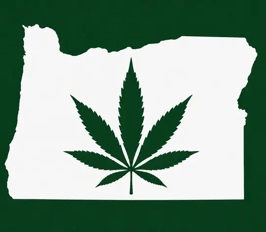 White silhouette of Oregon on a dark green background, with a dark green cannabis leaf centered inside the state outline.