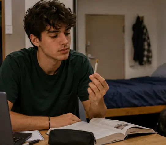 College student examining a pre-roll while studying at a desk in a dorm room.