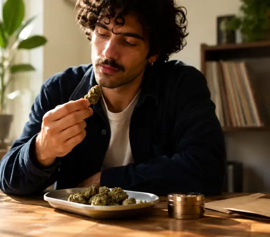 A young man examines a cannabis bud at a sunlit wooden table with loose flower, a grinder, and plain paper packets.
