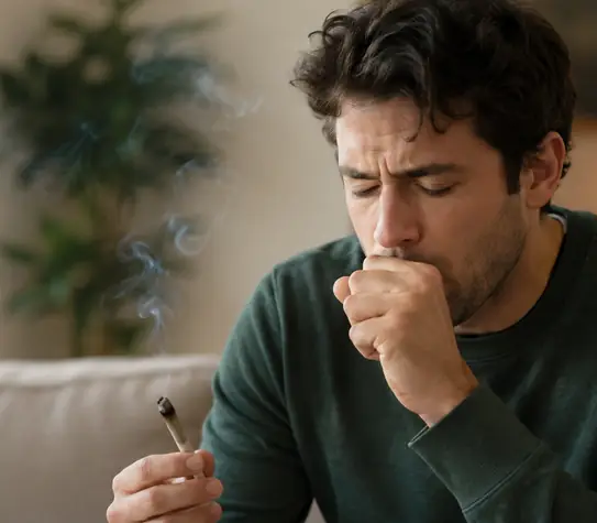 Man coughing while holding a lit cannabis joint in a softly lit living room.