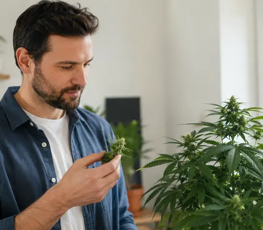 Man carefully inspecting a cannabis plant in a bright indoor growing space.