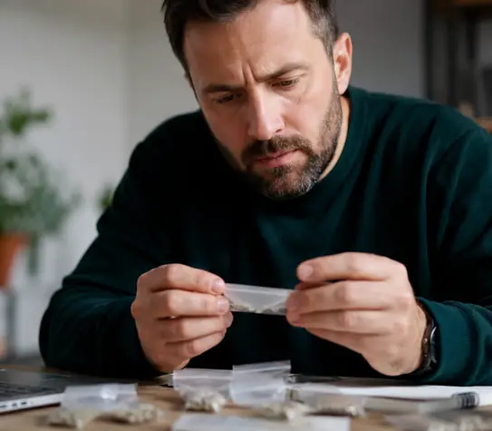 Man inspecting packets of cannabis seeds beside a laptop while checking an online seed order.