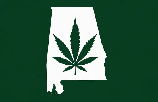 White silhouette of Alabama on a dark green background, with a dark green cannabis leaf centered inside the state outline.
